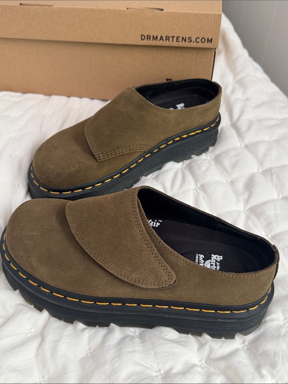 Dr. Martens Olive Suede Slip-On Loafers with Yellow Stitching - Picture 2 of 4